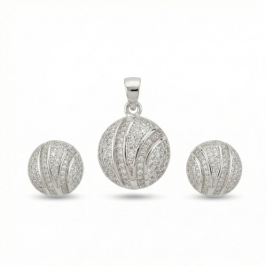 AGOR 925 Sterling Silver Pave Dome Sphere Pendant Set Rhodium Finish Jewellery