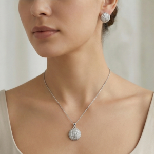 AGOR 925 Sterling Silver Pave Dome Sphere Pendant Set Rhodium Finish Jewellery