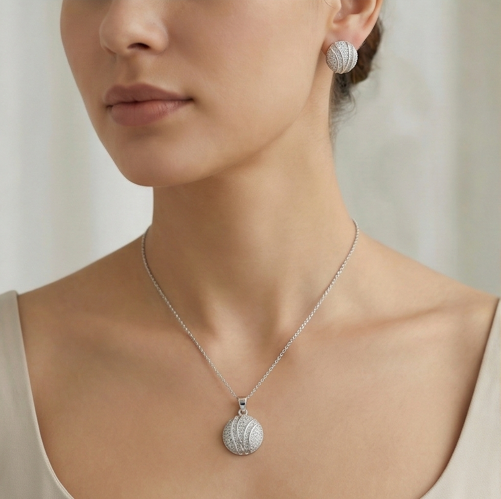 925 Sterling Silver Pave Dome Sphere Pendant Set Rhodium Finish Jewellery