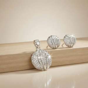 AGOR 925 Sterling Silver Pave Dome Sphere Pendant Set Rhodium Finish Jewellery