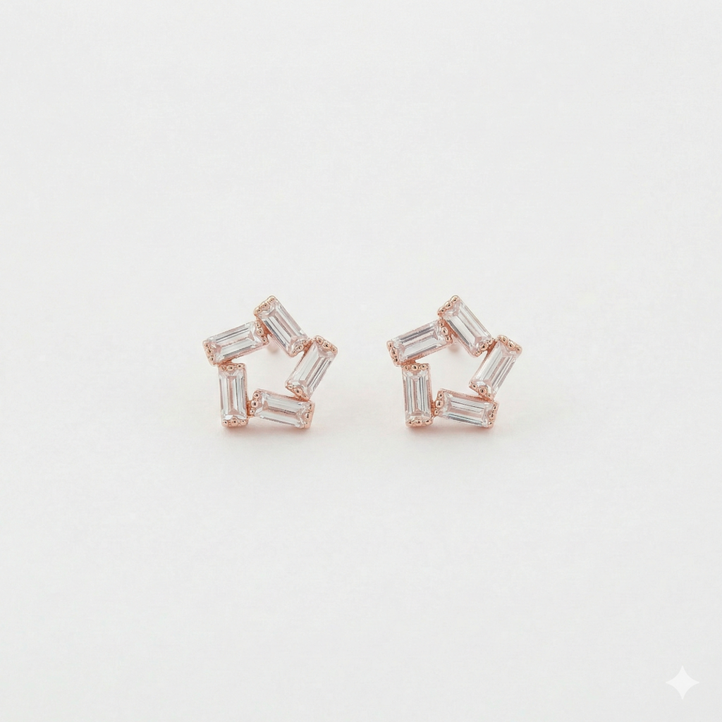 AGOR 925 Sterling Silver Rose Gold Plated Baguette Star Stud Earrings Jewellery for Women