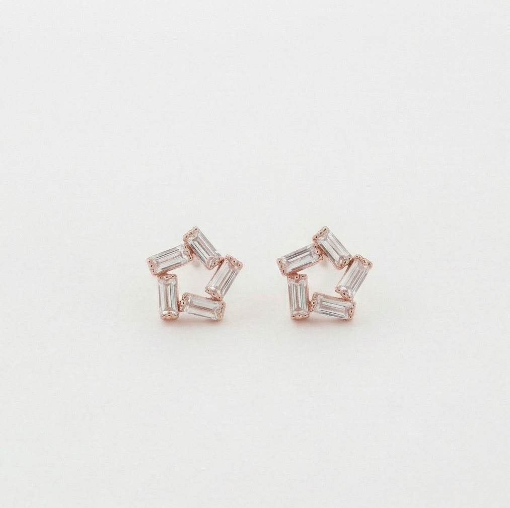 925 Sterling Silver Rose Gold Plated Baguette Star Stud Earrings Jewellery for Women