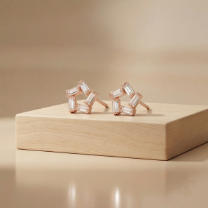 AGOR 925 Sterling Silver Rose Gold Plated Baguette Star Stud Earrings Jewellery for Women
