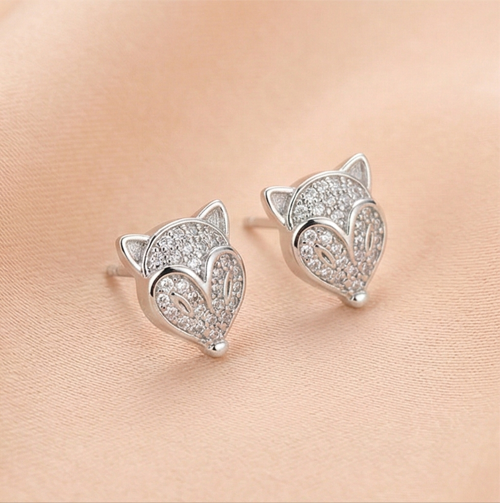 925 Sterling Silver Pave Fox Head Stud Earrings Jewellery for Women