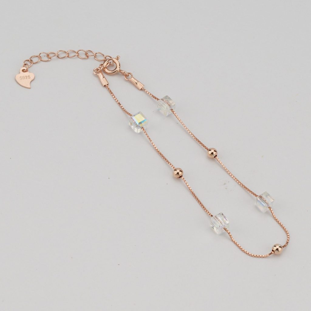 AGOR 925 Sterling Silver Rose Gold Plated Iridescent Cube Station Bracelet Jewellery for Women