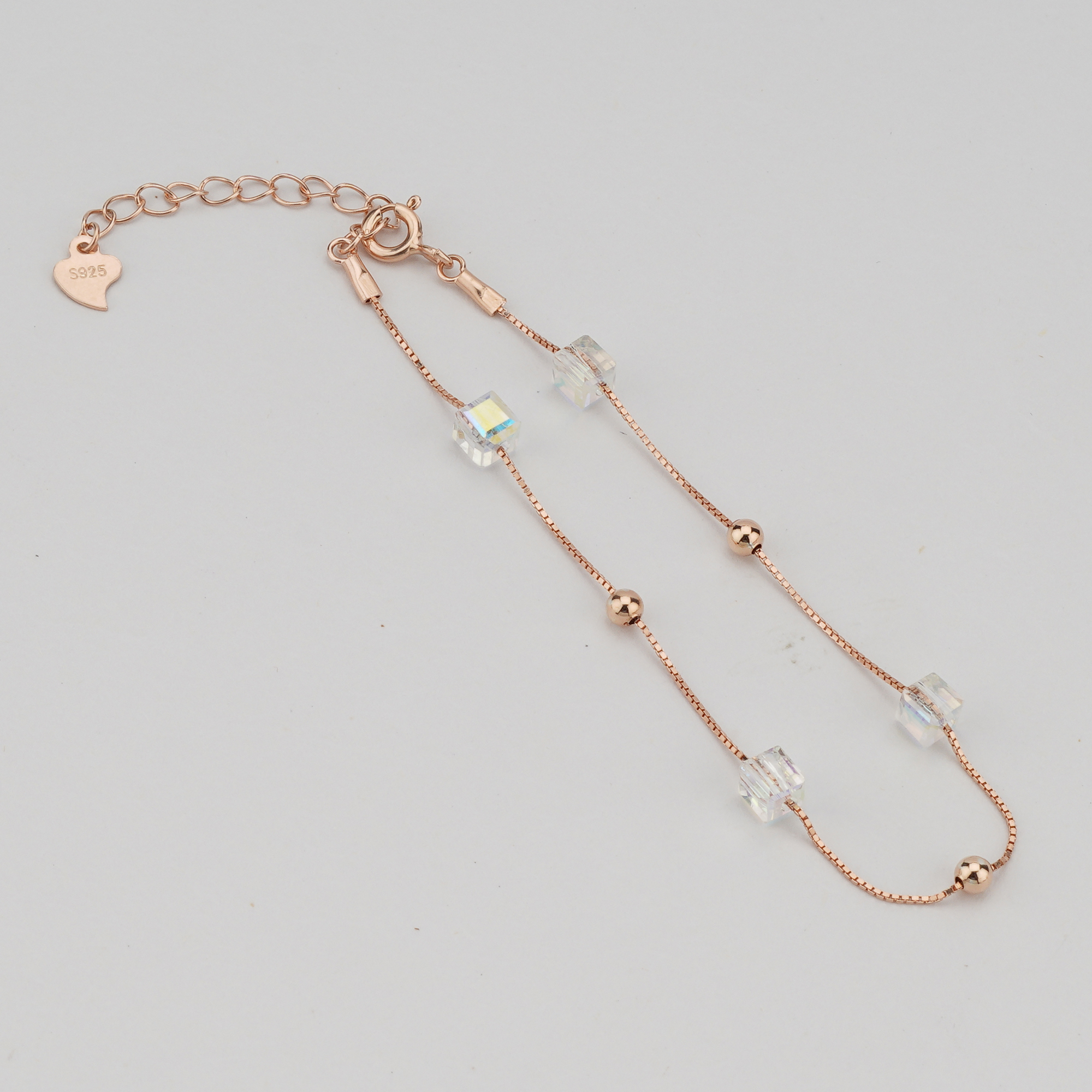 925 Sterling Silver Rose Gold Plated Iridescent Cube Station Bracelet Jewellery for Women