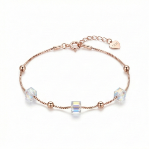 AGOR 925 Sterling Silver Rose Gold Plated Iridescent Cube Station Bracelet Jewellery for Women