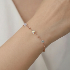 AGOR 925 Sterling Silver Rose Gold Plated Iridescent Cube Station Bracelet Jewellery for Women