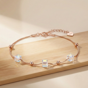 AGOR 925 Sterling Silver Rose Gold Plated Iridescent Cube Station Bracelet Jewellery for Women