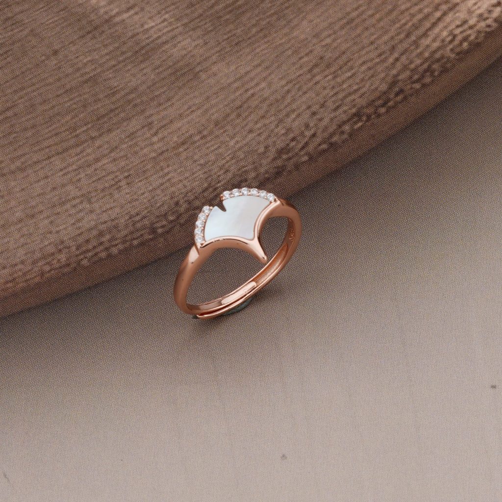 AGOR 925 Sterling Silver Gingko Leaf Mother of Pearl Ring Jewellery for Women - Rose Gold Plated