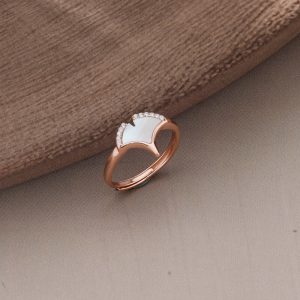 AGOR 925 Sterling Silver Gingko Leaf Mother of Pearl Ring Jewellery for Women - Rose Gold Plated