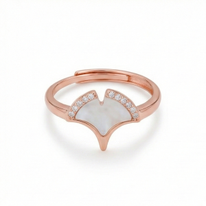 AGOR 925 Sterling Silver Gingko Leaf Mother of Pearl Ring Jewellery for Women - Rose Gold Plated