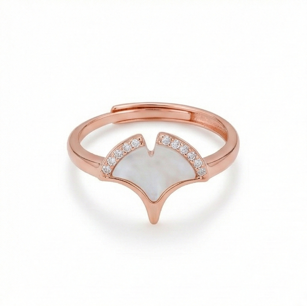 925 Sterling Silver Gingko Leaf Mother of Pearl Ring Jewellery for Women - Rose Gold Plated