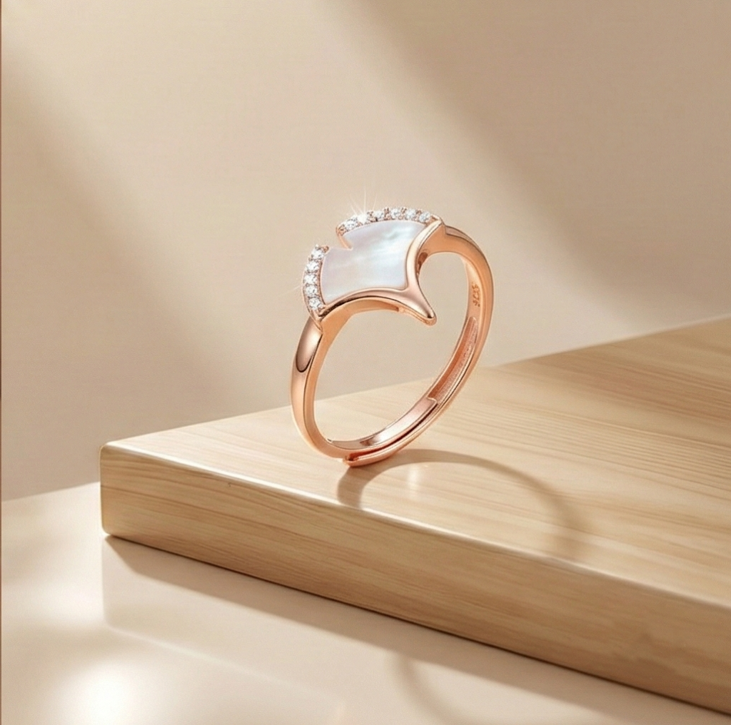 AGOR 925 Sterling Silver Gingko Leaf Mother of Pearl Ring Jewellery for Women - Rose Gold Plated