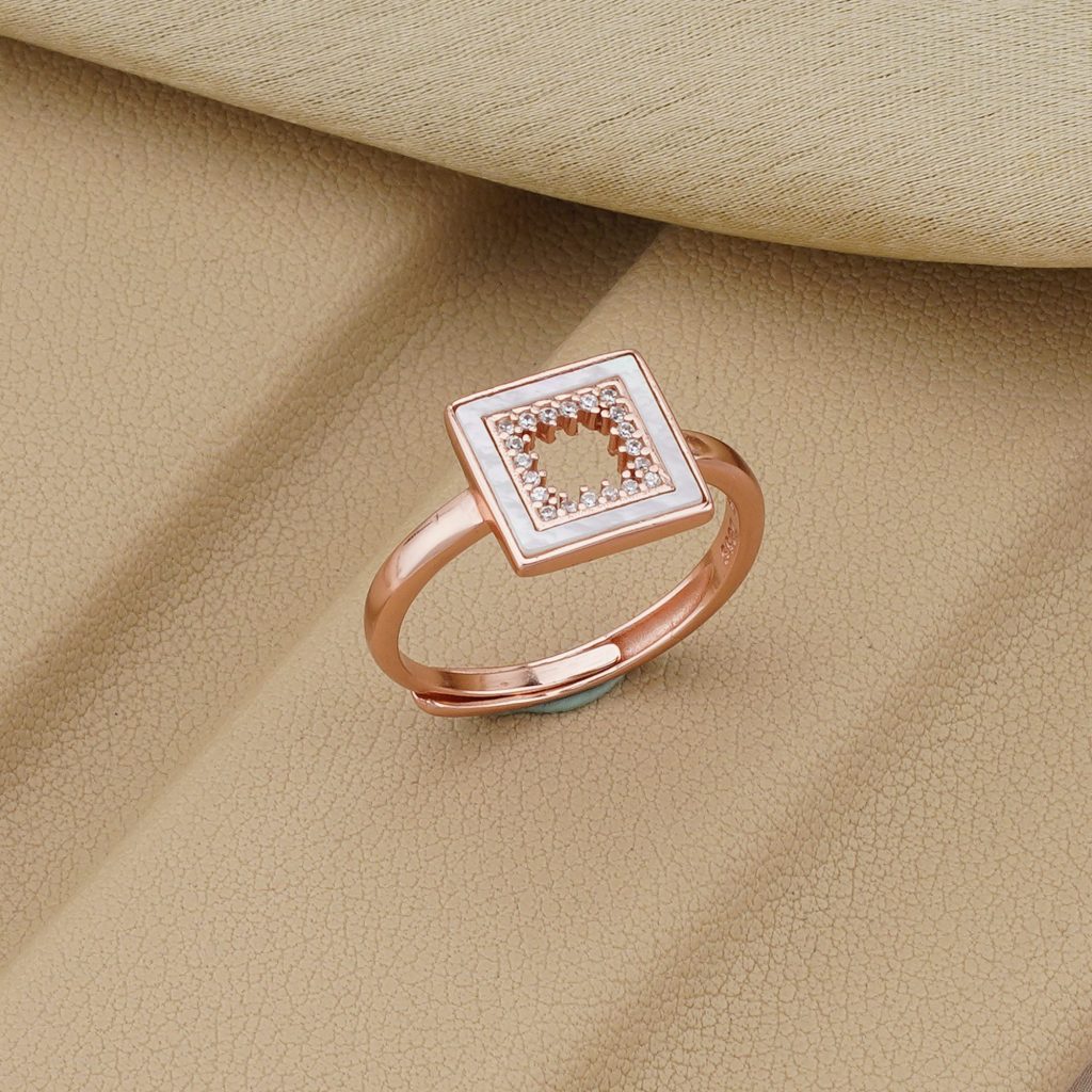 AGOR 925 Sterling Silver Square Halo Design Rose Gold Plated Ring Jewellery for Women