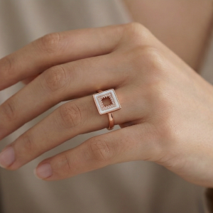 AGOR 925 Sterling Silver Square Halo Design Rose Gold Plated Ring Jewellery for Women