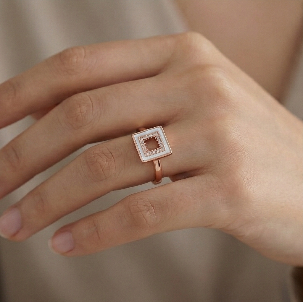 925 Sterling Silver Square Halo Design Rose Gold Plated Ring Jewellery for Women