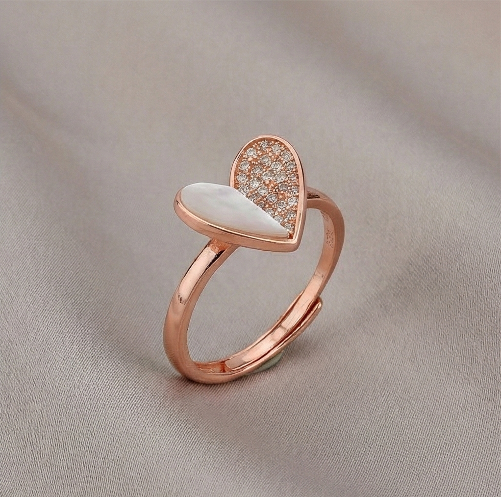 925 Sterling Silver White Enamel Heart Ring Jewellery for Women with Rose Gold Finish