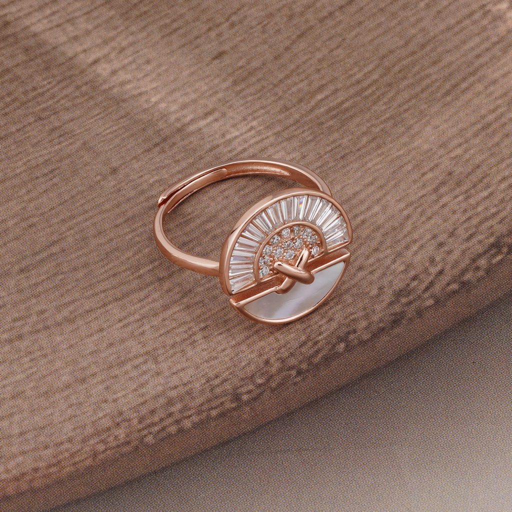 AGOR 925 Sterling Silver Sunburst Fan Design Ring Jewellery for Women - Rose Gold Finish