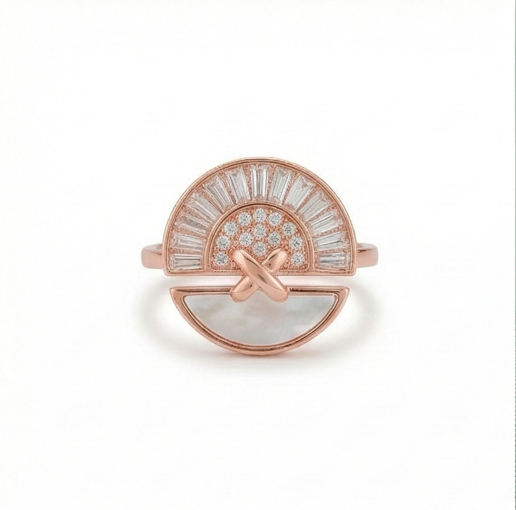 AGOR 925 Sterling Silver Sunburst Fan Design Ring Jewellery for Women - Rose Gold Finish