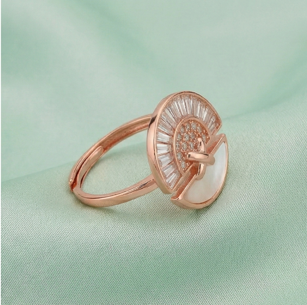 AGOR 925 Sterling Silver Sunburst Fan Design Ring Jewellery for Women - Rose Gold Finish