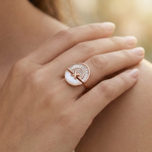 AGOR 925 Sterling Silver Sunburst Fan Design Ring Jewellery for Women - Rose Gold Finish