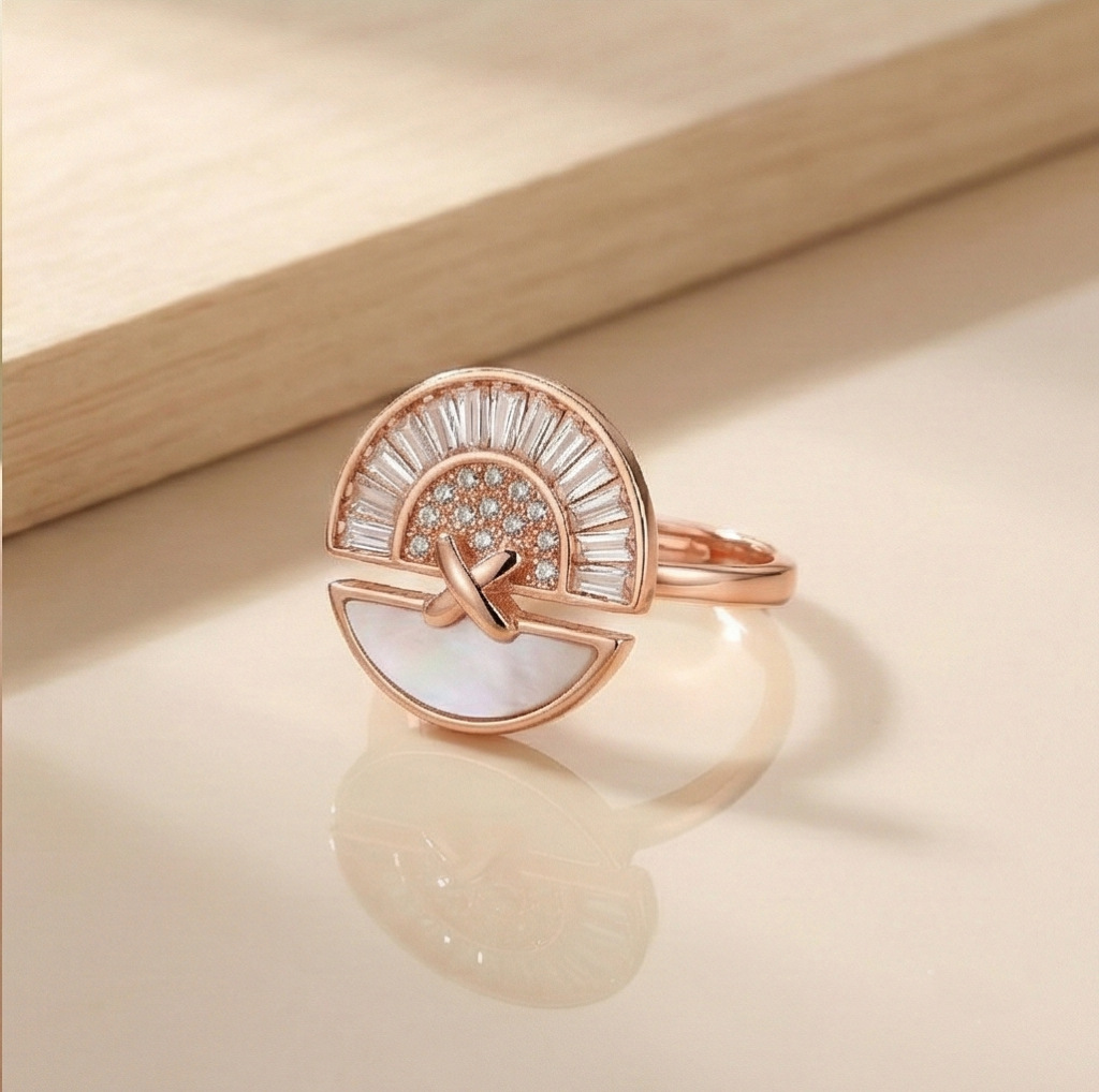 AGOR 925 Sterling Silver Sunburst Fan Design Ring Jewellery for Women - Rose Gold Finish