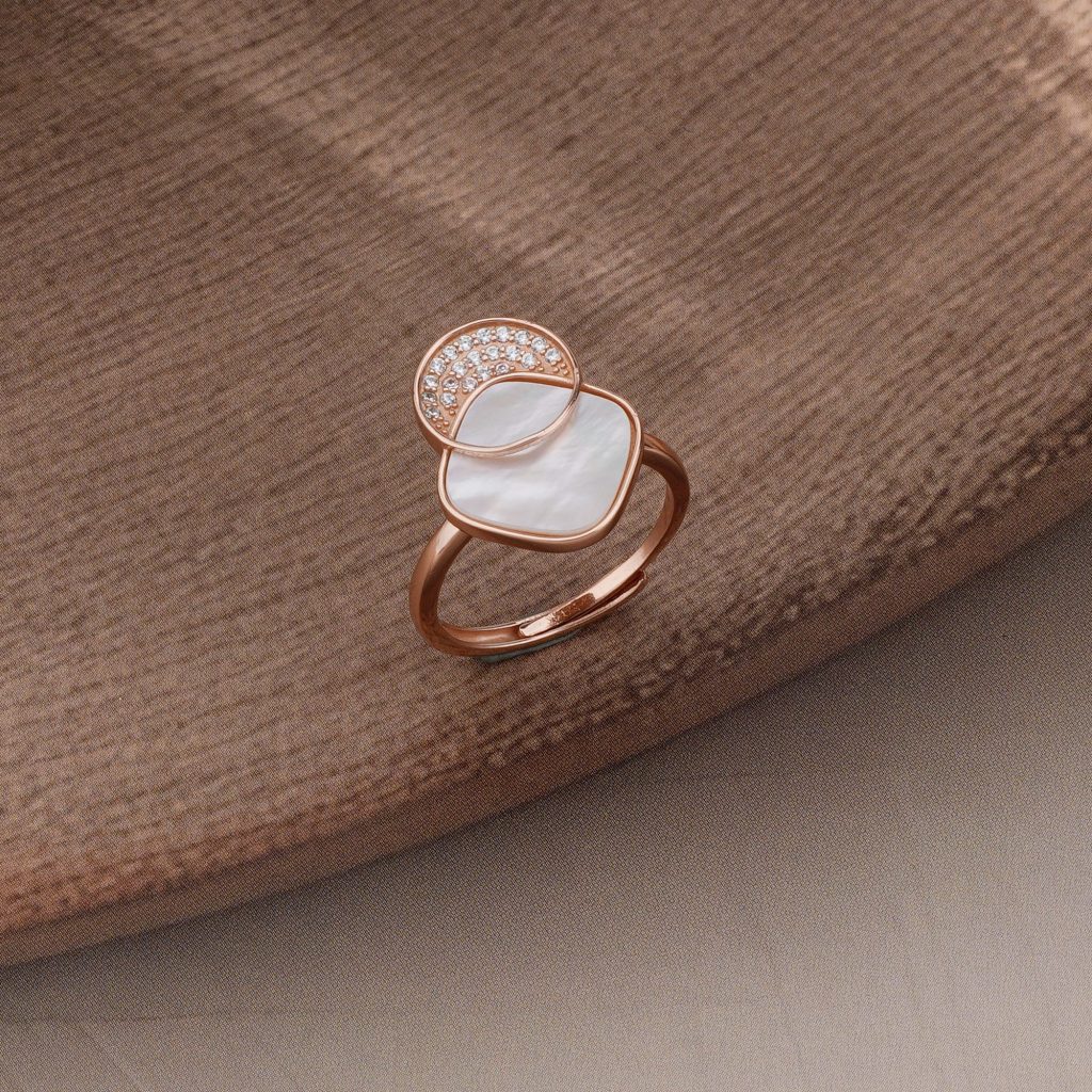 AGOR 925 Sterling Silver Geometric Mother of Pearl Ring Jewellery for Women - Rose Gold Plated