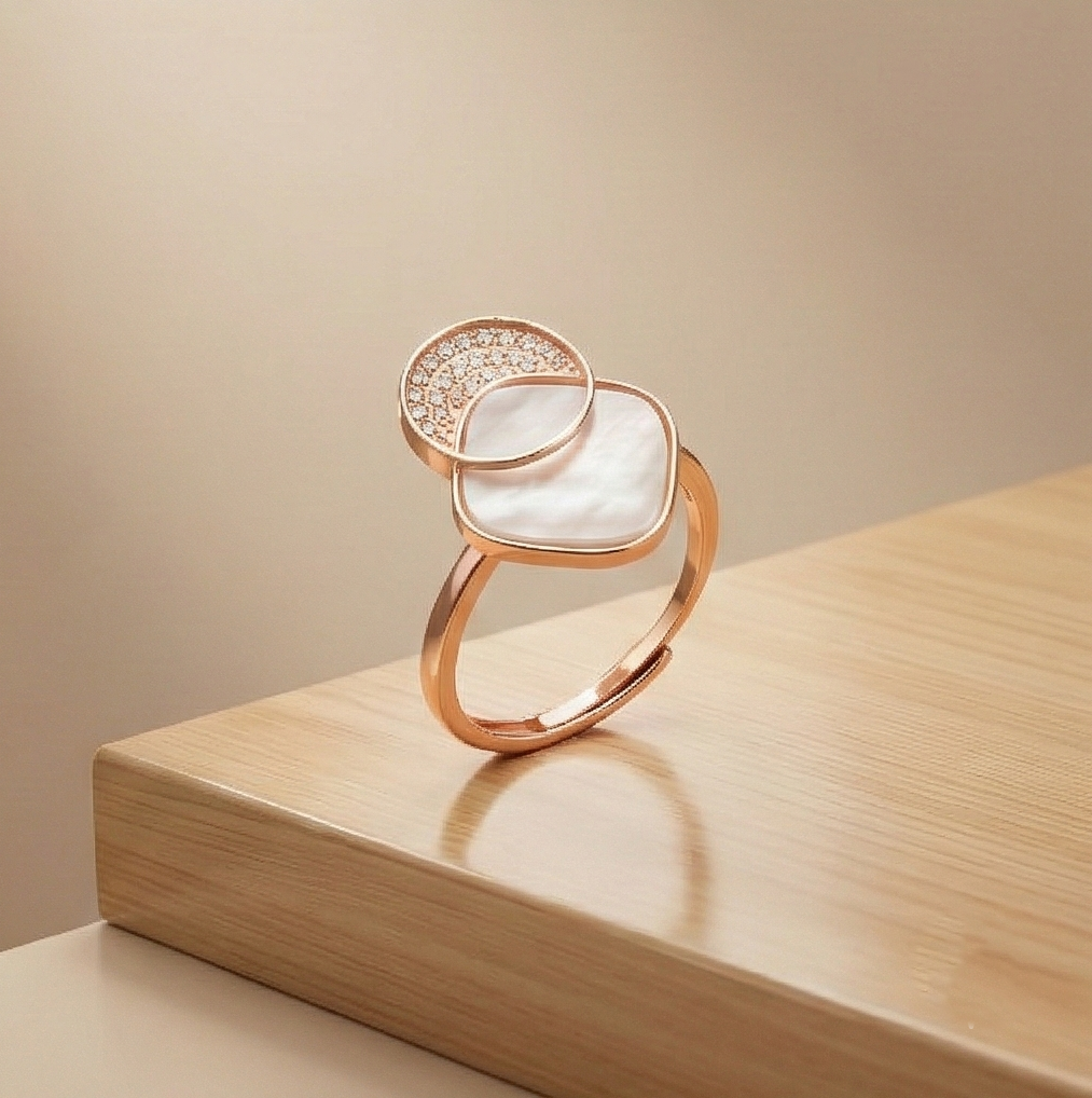 925 Sterling Silver Geometric Mother of Pearl Ring Jewellery for Women - Rose Gold Plated