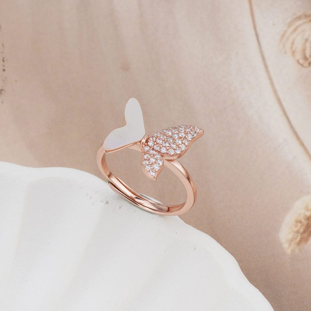 AGOR 925 Sterling Silver Enamel Inlay Butterfly Design Ring Jewellery for Women with Rose Gold Finish