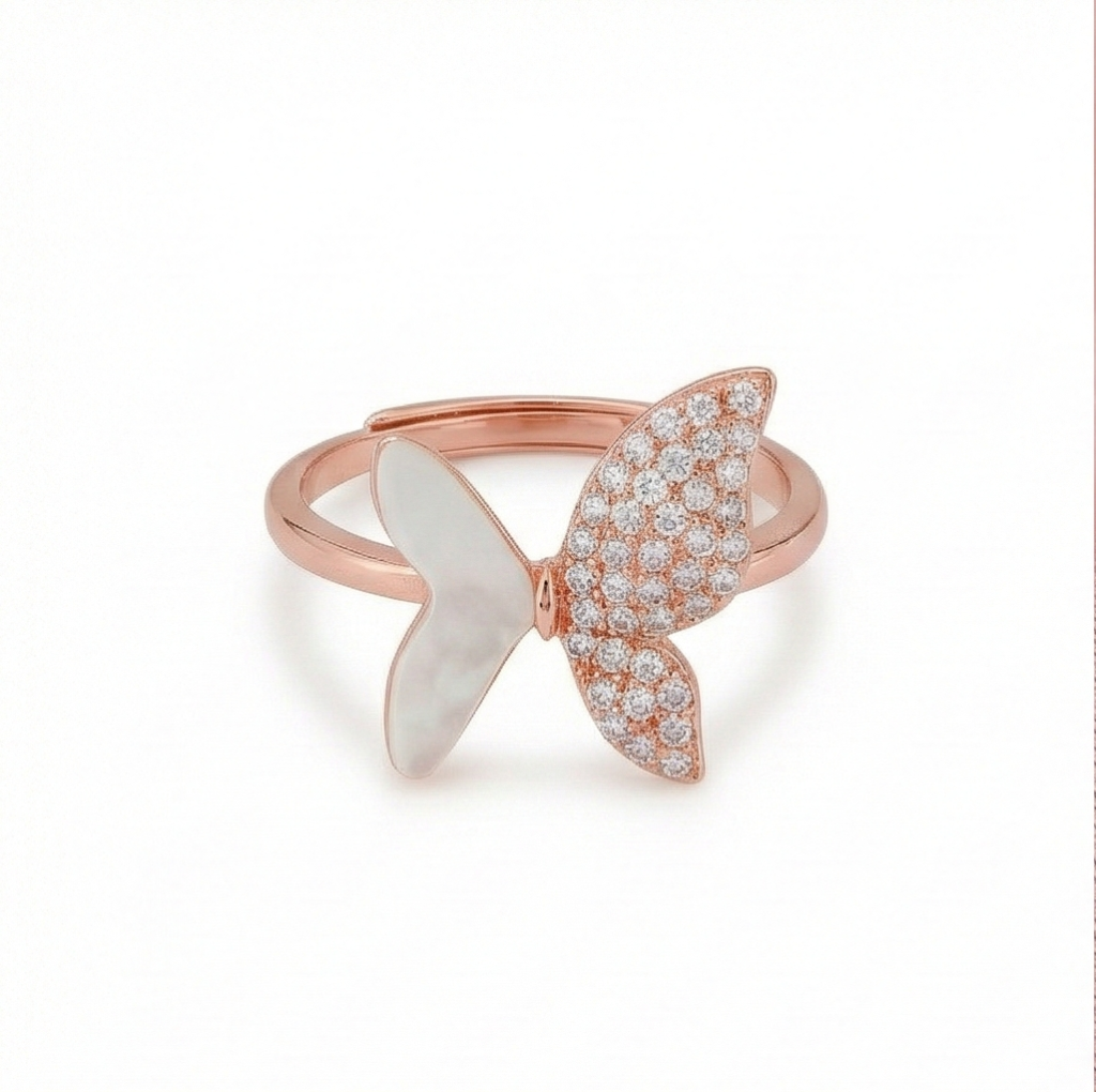 AGOR 925 Sterling Silver Enamel Inlay Butterfly Design Ring Jewellery for Women with Rose Gold Finish