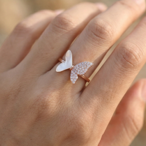 AGOR 925 Sterling Silver Enamel Inlay Butterfly Design Ring Jewellery for Women with Rose Gold Finish