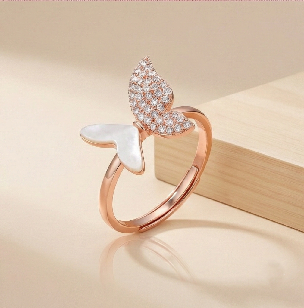 AGOR 925 Sterling Silver Enamel Inlay Butterfly Design Ring Jewellery for Women with Rose Gold Finish