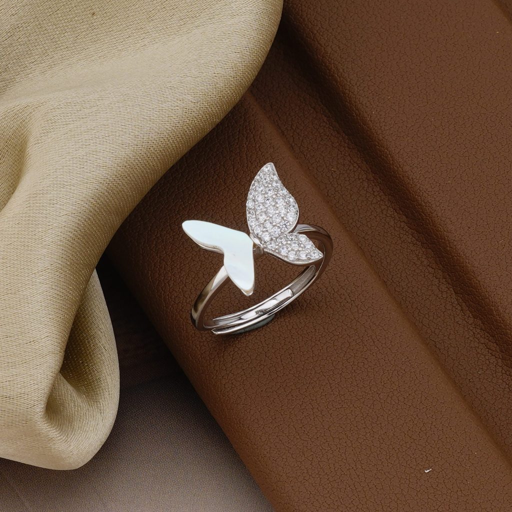 AGOR 925 Sterling Silver Asymmetrical Butterfly Ring Jewellery for Women & Girls - High Polish Rhodium Finish