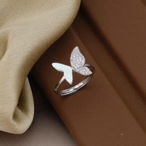 AGOR 925 Sterling Silver Asymmetrical Butterfly Ring Jewellery for Women & Girls - High Polish Rhodium Finish