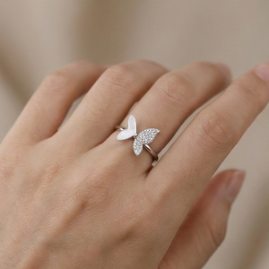 AGOR 925 Sterling Silver Asymmetrical Butterfly Ring Jewellery for Women & Girls - High Polish Rhodium Finish
