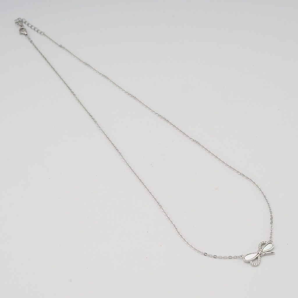 AGOR 925 Sterling Silver Bow Ribbon Knot with MOP Inlay Necklace Jewellery for Women & Girls