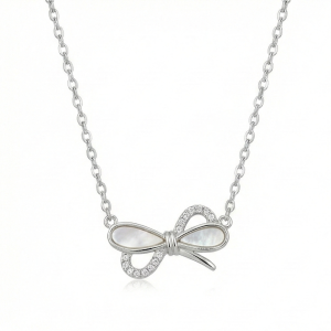 AGOR 925 Sterling Silver Bow Ribbon Knot with MOP Inlay Necklace Jewellery for Women & Girls
