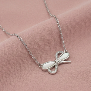 925 Sterling Silver Bow Ribbon Knot with MOP Inlay Necklace Jewellery for Women & Girls