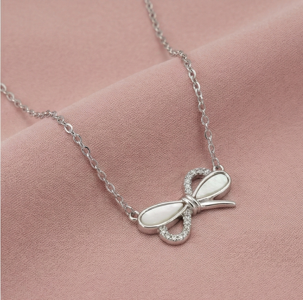 925 Sterling Silver Bow Ribbon Knot with MOP Inlay Necklace Jewellery for Women & Girls