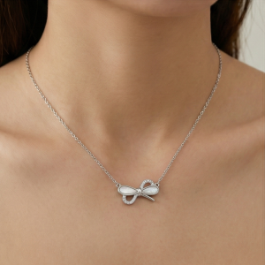 AGOR 925 Sterling Silver Bow Ribbon Knot with MOP Inlay Necklace Jewellery for Women & Girls
