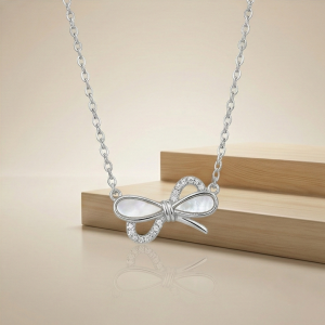 AGOR 925 Sterling Silver Bow Ribbon Knot with MOP Inlay Necklace Jewellery for Women & Girls