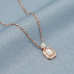 AGOR 925 Sterling Silver Rose Gold Plated MOP Rectangular Pearl Accent Necklace Jewellery for Women