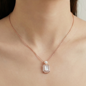 AGOR 925 Sterling Silver Rose Gold Plated MOP Rectangular Pearl Accent Necklace Jewellery for Women