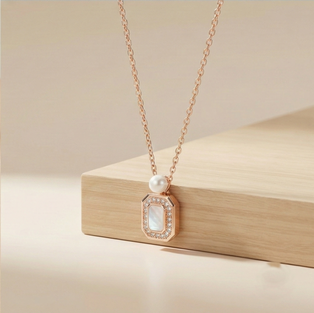 AGOR 925 Sterling Silver Rose Gold Plated MOP Rectangular Pearl Accent Necklace Jewellery for Women