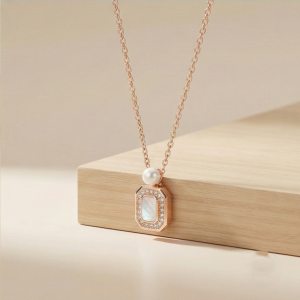 AGOR 925 Sterling Silver Rose Gold Plated MOP Rectangular Pearl Accent Necklace Jewellery for Women