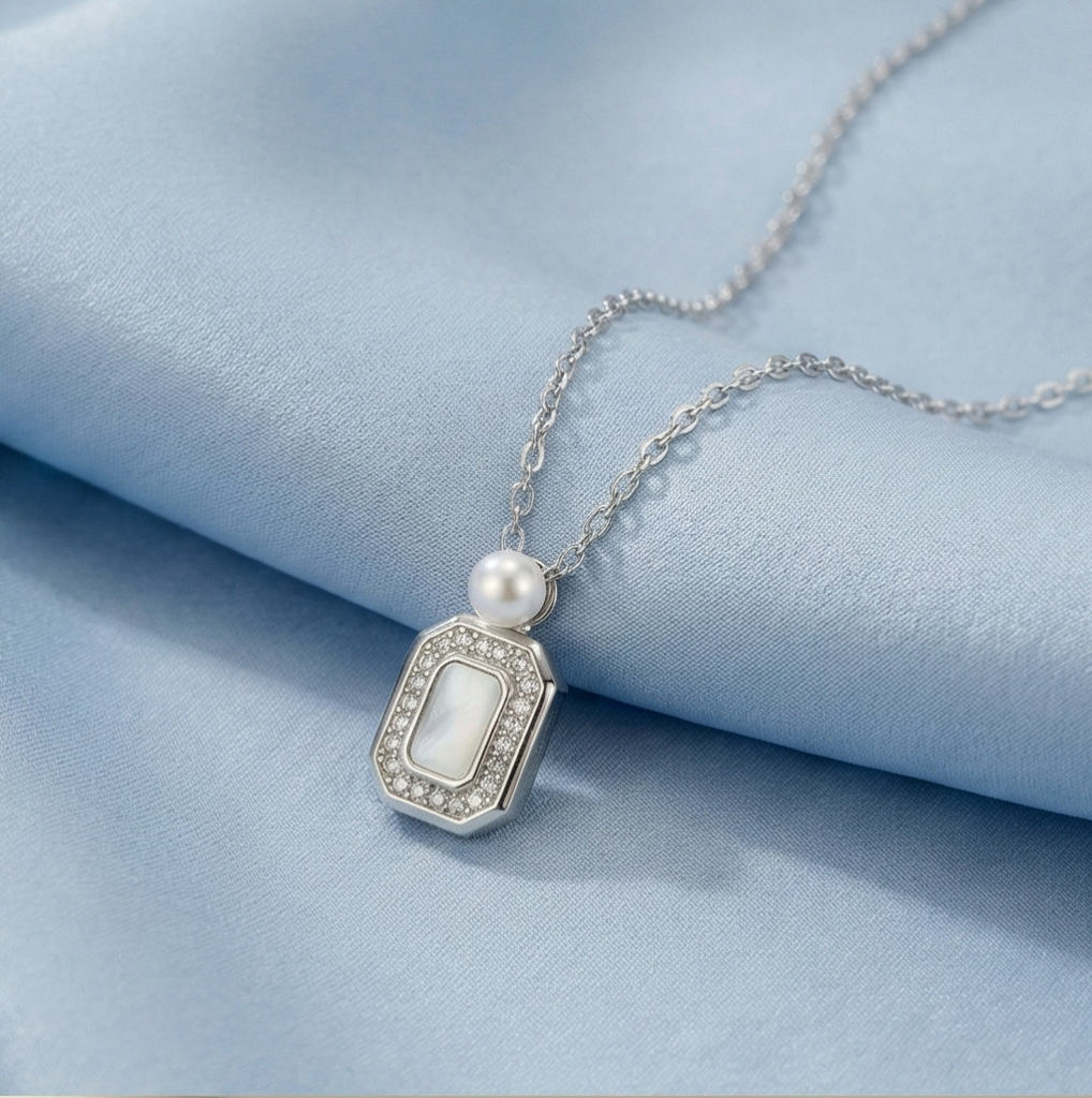 AGOR 925 Sterling Silver Geometric Rectangular Pendant with Pearl Accent & MOP Inlay Jewellery for Women