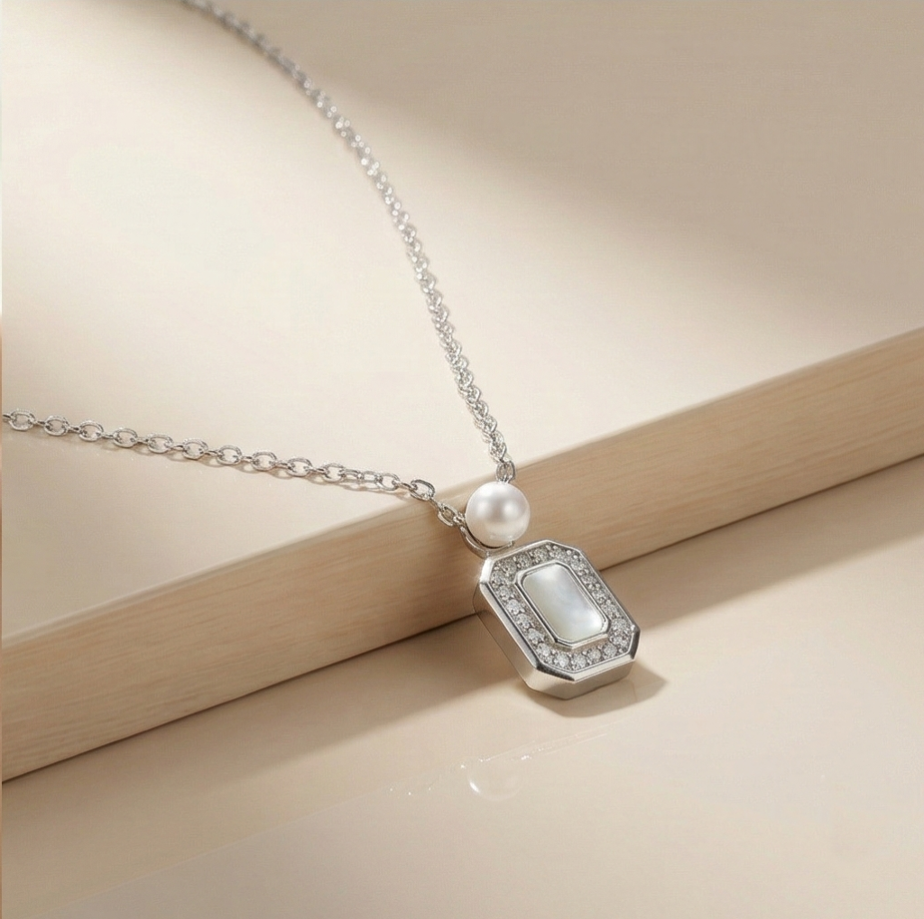 AGOR 925 Sterling Silver Geometric Rectangular Pendant with Pearl Accent & MOP Inlay Jewellery for Women
