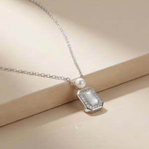 AGOR 925 Sterling Silver Geometric Rectangular Pendant with Pearl Accent & MOP Inlay Jewellery for Women