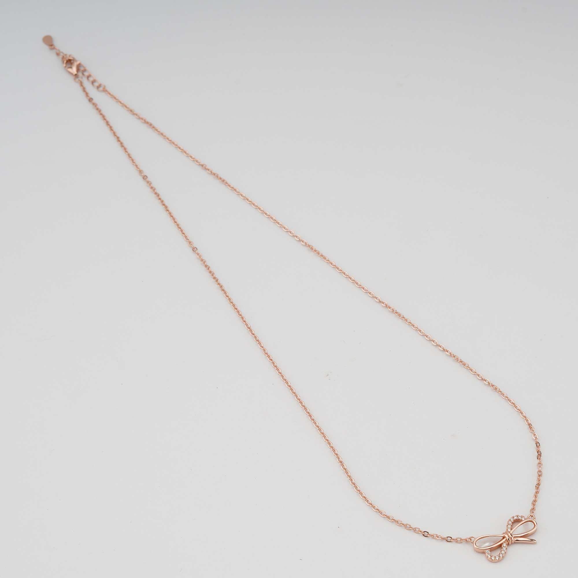 925 Sterling Silver Rose Gold Plated Bow with MOP Inlay Pendant Necklace Jewellery
